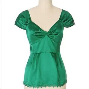 Anthropologie Emerald Green silk cotton Top Sweetheart V-Neck